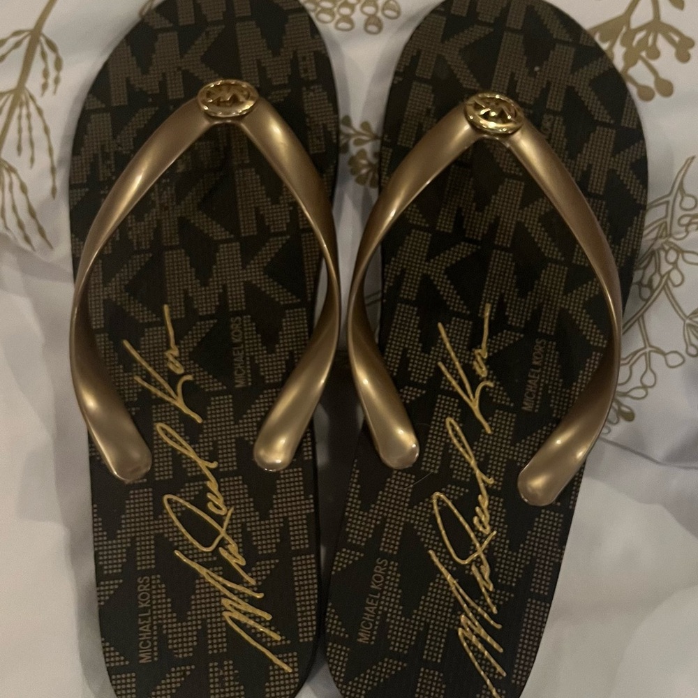 Michael Kors Dark Brown and Gold Flip Flops Size 9